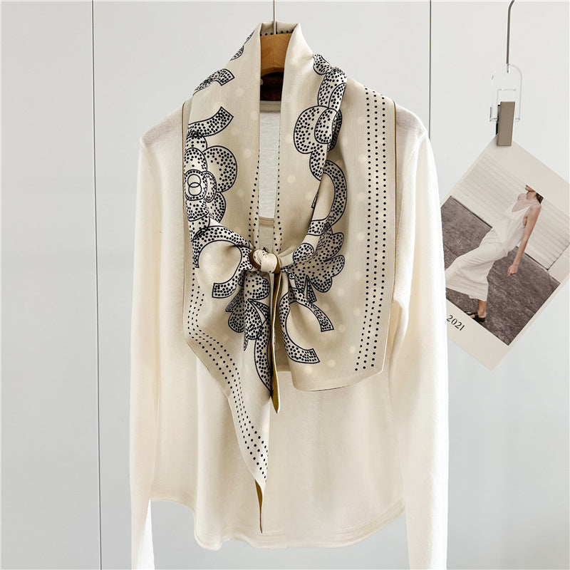 Dual-Color Silk Wool Scarf – Autumn Floral Long Ribbon Wrap