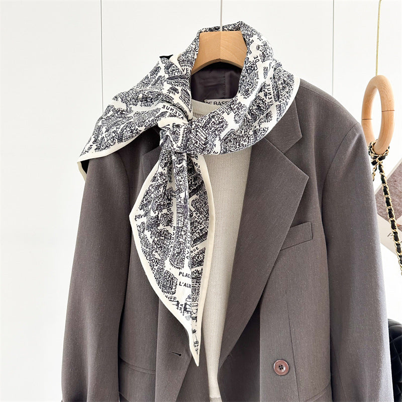 City Map Print Scarf – Luxury Mulberry Silk & Wool Long Ribbon Wrap
