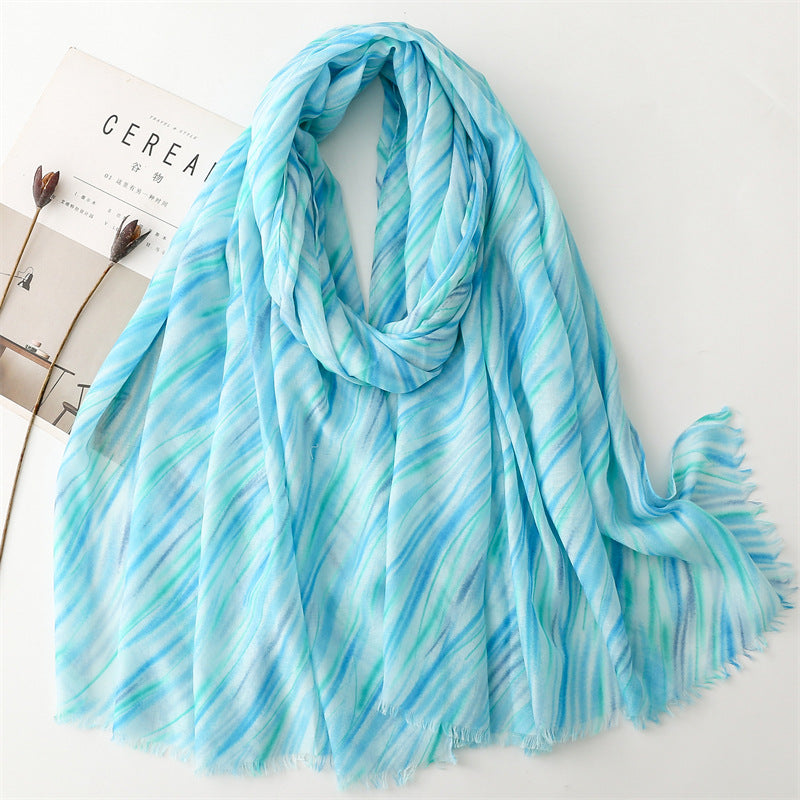 Spring and summer thin cotton and linen feel scarf colored striped geometric scarf warm shawl women
