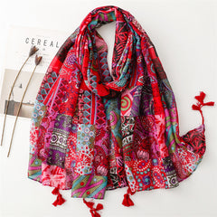 Vintage Wear Accessories Cotton and Linen Feel Bali Yarn Scarf Ethnic Style Red Bohemian Tassel Shawl