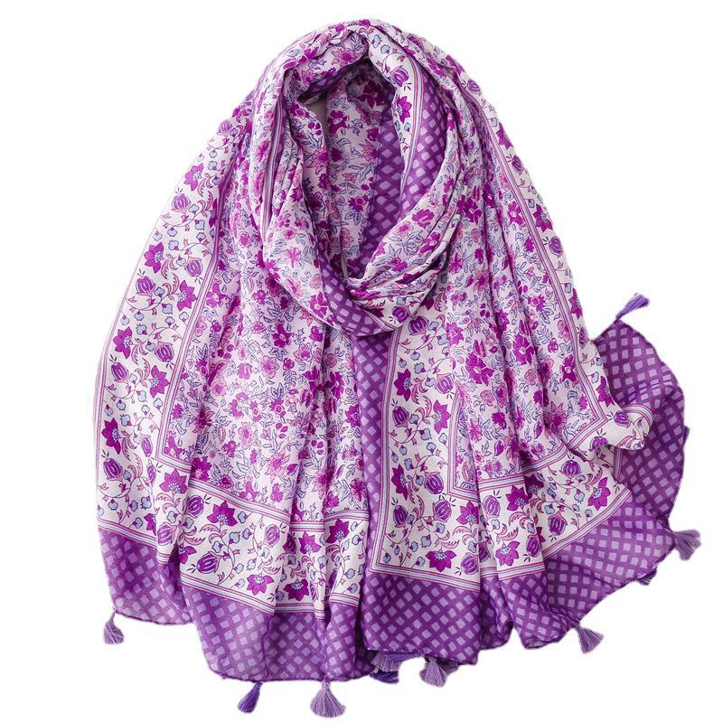 Spring and summer new cotton and linen feel scarf celebrity style hibiscus flower fringed scarf warm shawl