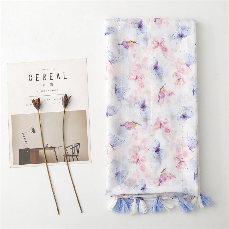 Summer and autumn new butterfly sequin printed cotton and linen scarf air conditioner sunscreen shawl scarf women