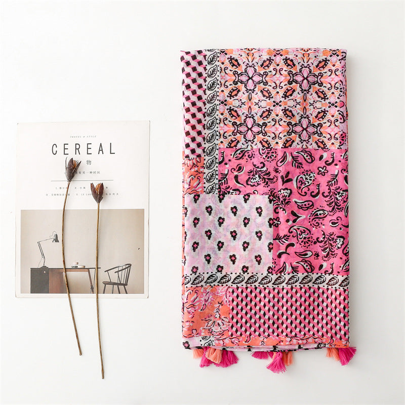 Vintage Wear Accessories Cotton and Linen Feel Bali Yarn Scarf Ethnic Style Pink Cashew Nut Flower Fringed Scarf Shawl Women