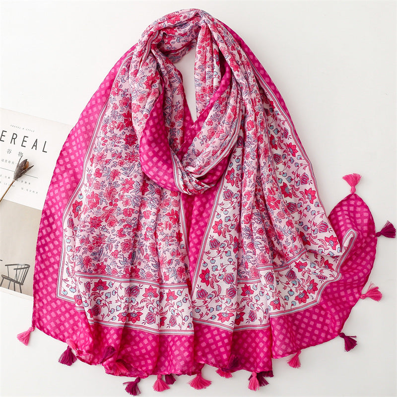Spring and summer new cotton and linen feel scarf celebrity style hibiscus flower fringed scarf warm shawl