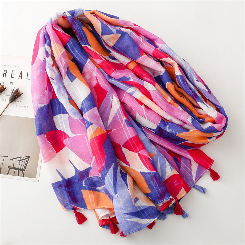 scarf cotton and linen feel Bali yarn thin with silver scarf colored leaves fashion lady style shawl women