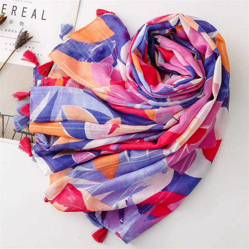 scarf cotton and linen feel Bali yarn thin with silver scarf colored leaves fashion lady style shawl women