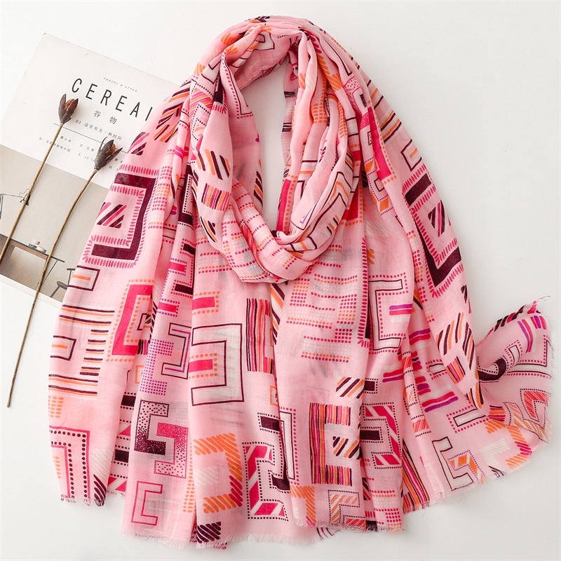 Spring and summer thin cotton and linen feel scarf colored magnet geometric scarf shawl women
