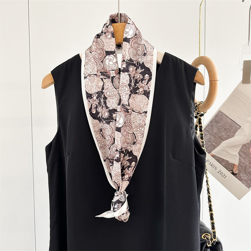 Camellia Double-Sided Mulberry Silk Scarf | Artistic Long Ribbon for Spring & Summer