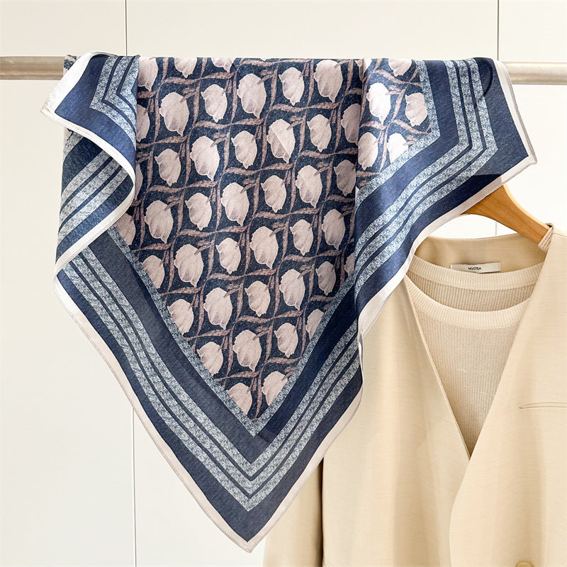 65cm Blue Lily of the Valley Mulberry Silk Scarf – Elegant Square Silk Shawl for Women, Fresh & Versatile Accessory