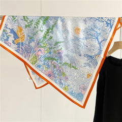65cm Mulberry Silk Whimsical Garden Scarf Double Crepe Spring Summer Square Shawl
