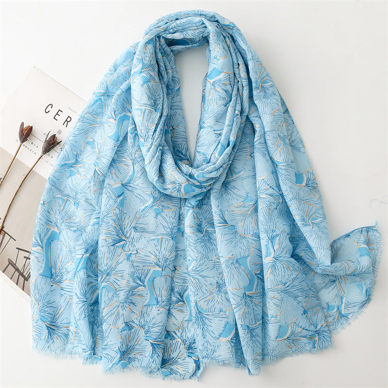 Autumn and winter cotton and linen feel scarf bronzing snow ginkgo biloba leaves burr scarf warm shawl