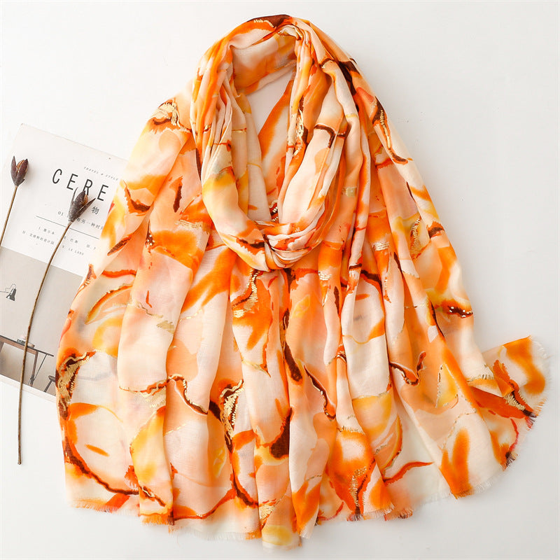 Autumn and winter cotton and linen feel scarf bronzing water flower ink painting rough edge scarf warm shawl