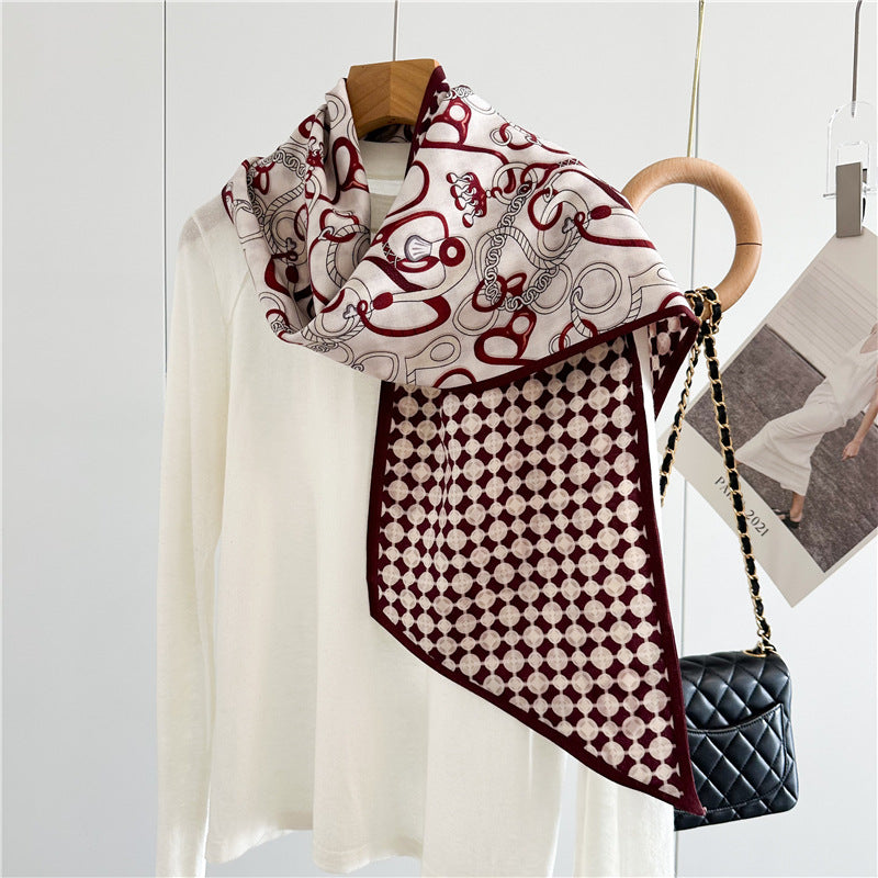 Elegant Harness Print Scarf – Mulberry Silk Wool Blend for Refined Style