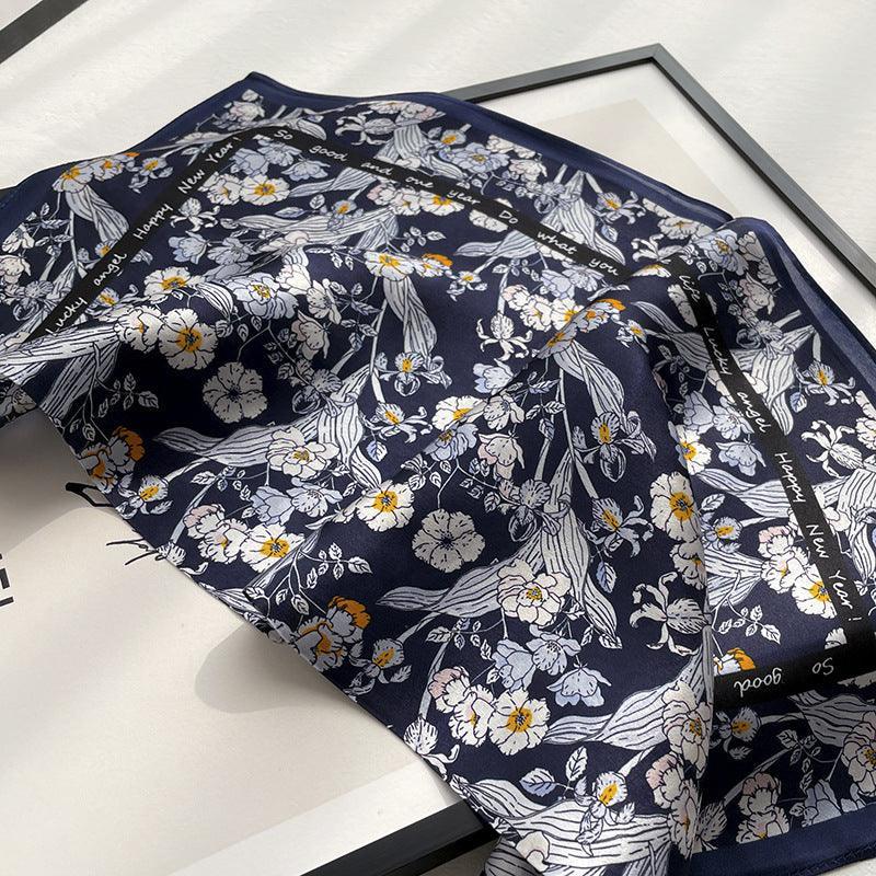 Marineblauer Chiffon-Blume-Schal aus 100 % Maulbeerseide/Kopftuch aus Seide/Haarschal aus Seide/Halstuch aus Seide/Muttertagsgeschenke/Taschenaccessoire/Geschenk für Sie