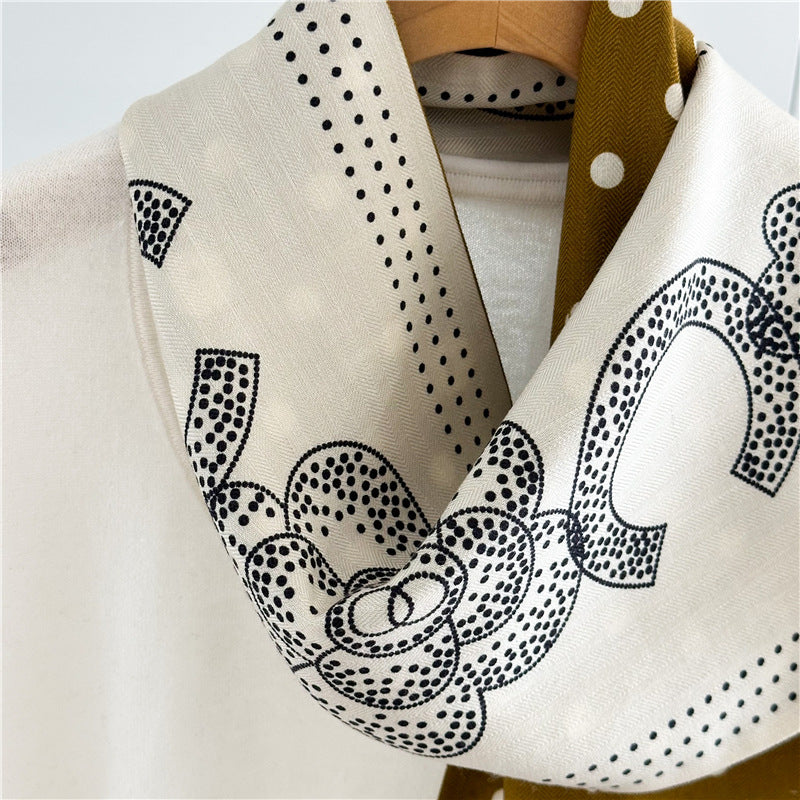 Dual-Color Silk Wool Scarf – Autumn Floral Long Ribbon Wrap