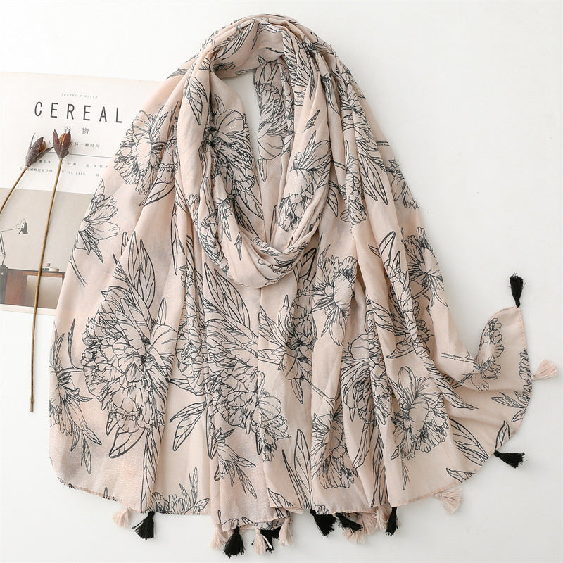 Scarf travel sunscreen scarf Hanfu accessories photo retro ethnic style khaki big flower bronzing shawl