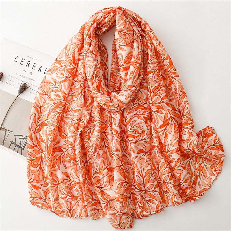 Autumn and winter cotton and linen feel scarf bronzing bamboo leaf green leaf rough edge scarf warm shawl women