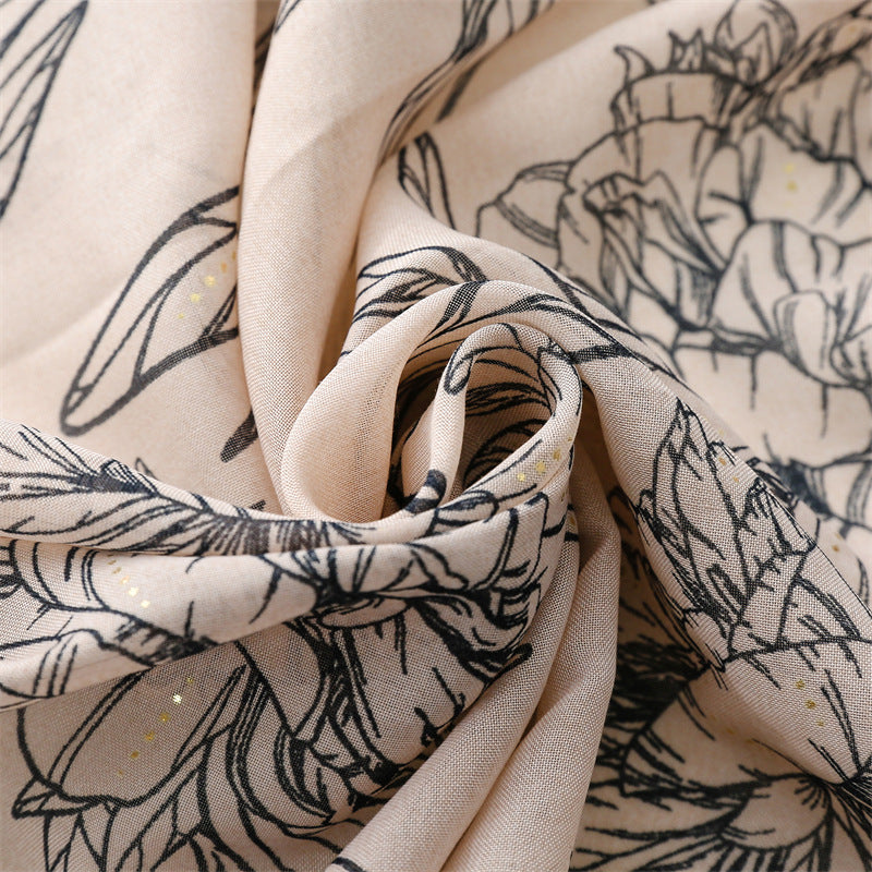 Scarf travel sunscreen scarf Hanfu accessories photo retro ethnic style khaki big flower bronzing shawl