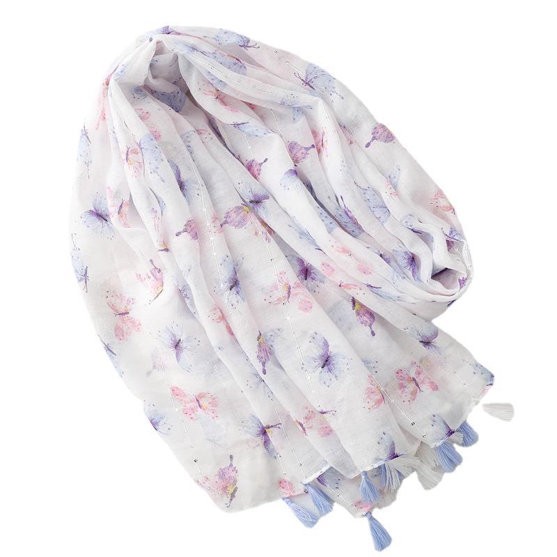 Summer and autumn new butterfly sequin printed cotton and linen scarf air conditioner sunscreen shawl scarf women