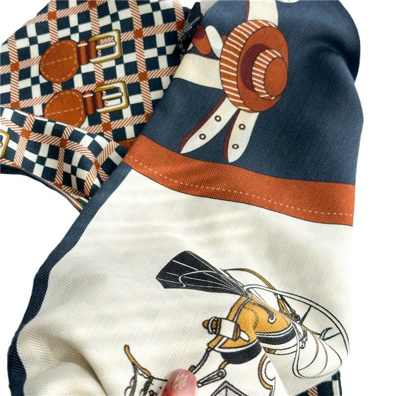 Horse Carriage Print Twilly – Reversible Silk Wool Scarf for Winter