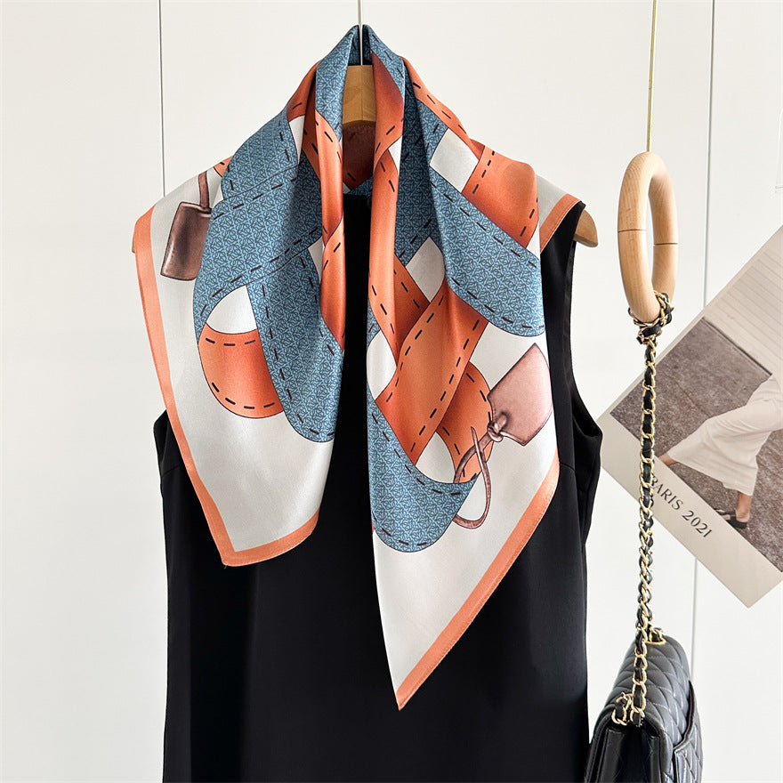 65cm Belt Pattern Mulberry Silk Scarf – Square Silk Shawl for Women, Elegant & Versatile Accessory