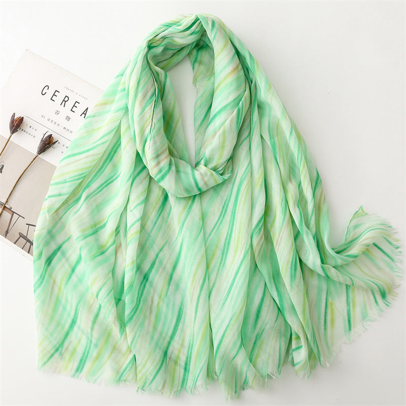 Spring and summer thin cotton and linen feel scarf colored striped geometric scarf warm shawl women
