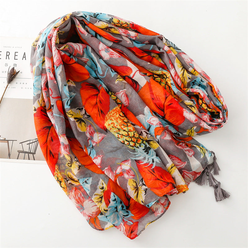 Summer Color Fruit Pineapple Leaves Bright Scarf Travel Sunscreen Scarf Accessories Wear Thin Shawl Ladies