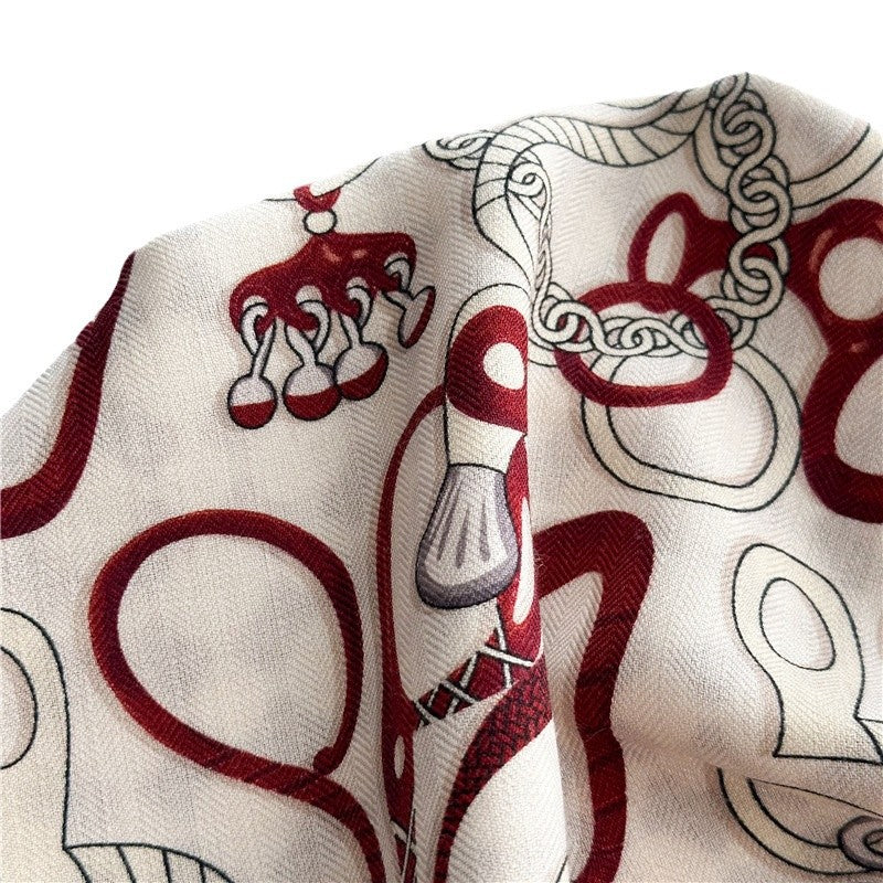 Elegant Harness Print Scarf – Mulberry Silk Wool Blend for Refined Style