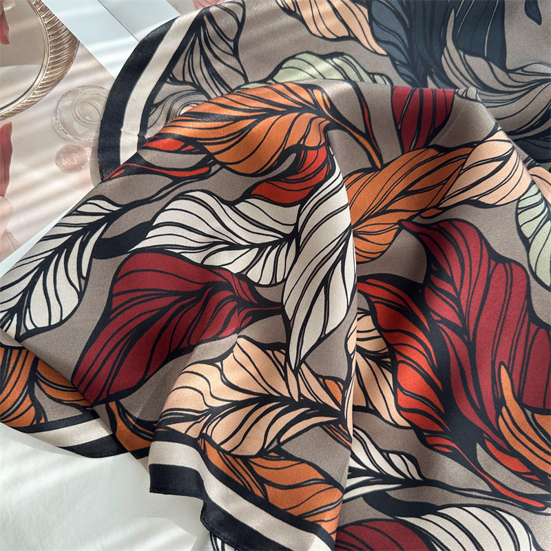 65cm Mulberry Silk Leaf Print Scarf – Double Crepe Square Shawl for Spring and Summer