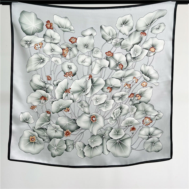 65cm Lotus Leaf Mulberry Silk Scarf – Women’s Autumn Style, Versatile Chinese Square Silk Scarf
