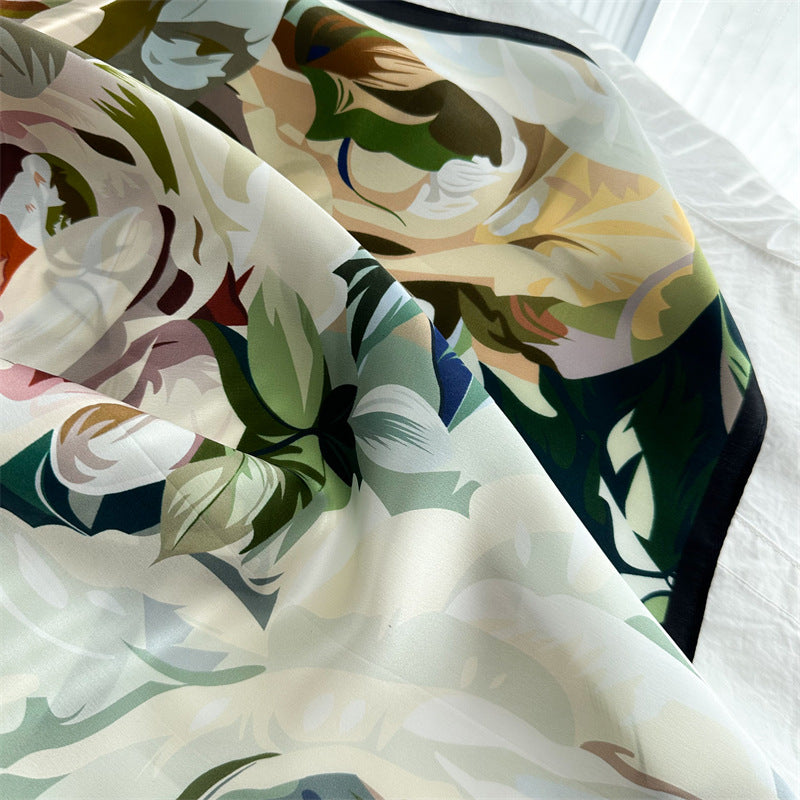 65cm Mulberry Silk Bold Rose Scarf – Double Crepe Square Shawl for Women, Elegant Floral Accessory