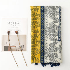 Chinese style wear accessories cotton and linen feel Bali yarn scarf exotic ethnic style cross stitch pattern fringed scarf