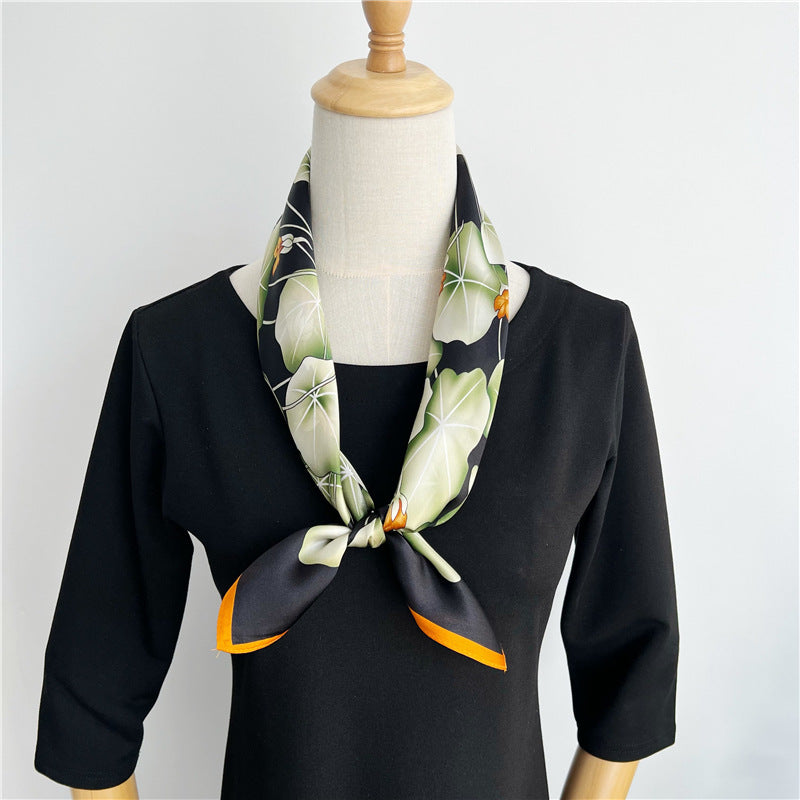 65cm Lotus Leaf Mulberry Silk Scarf – Women’s Autumn Style, Versatile Chinese Square Silk Scarf
