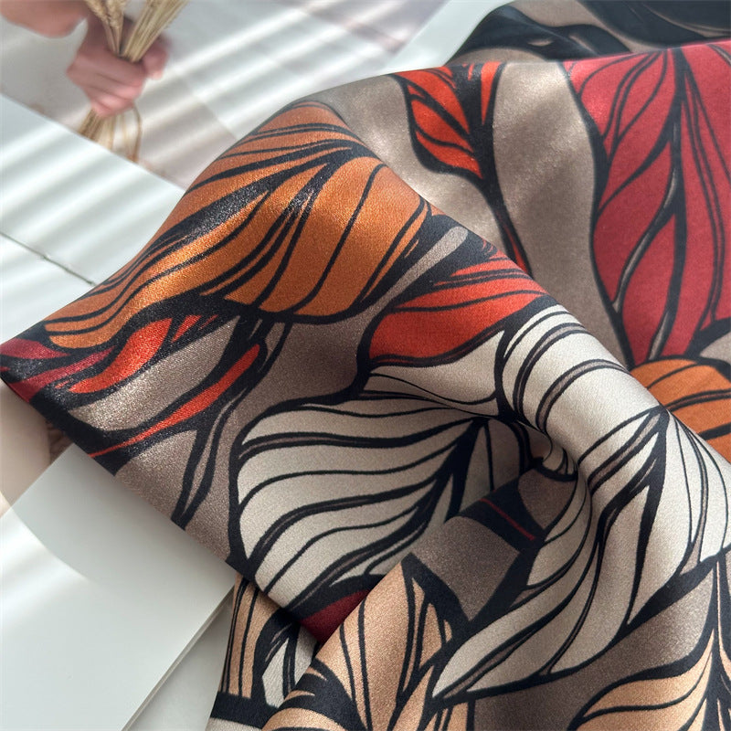 65cm Mulberry Silk Leaf Print Scarf – Double Crepe Square Shawl for Spring and Summer