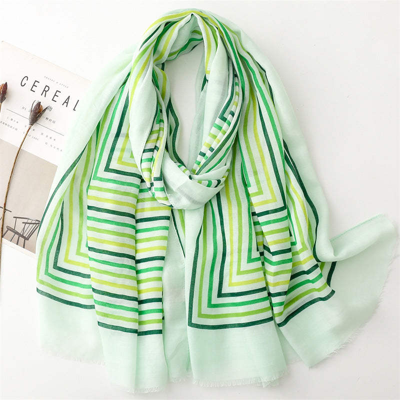 Spring and summer thin cotton and linen feel scarf colored striped rough edge scarf warm shawl women