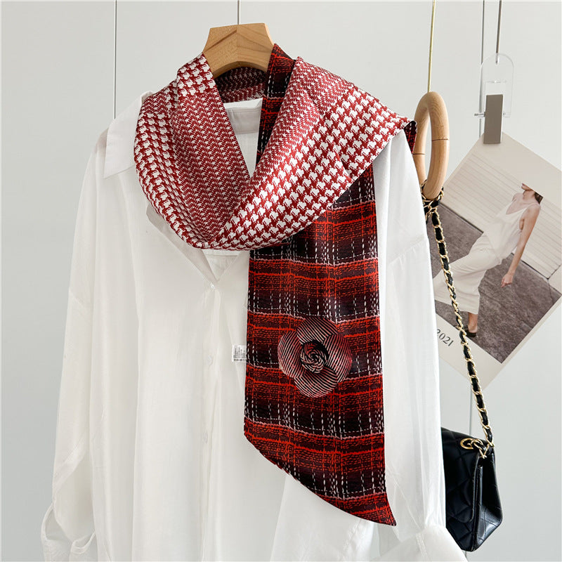 Checkered Camellia Mulberry Silk Scarf | Elegant Floral Grid Long Ribbon