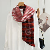 Checkered Camellia Mulberry Silk Scarf | Elegant Floral Grid Long Ribbon