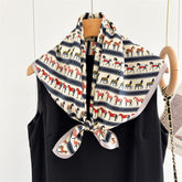 26'' Beige Pony Mulberry Silk Scarf – Cute & Elegant Square Silk Shawl for Women, Playful Animal Design Accessory
