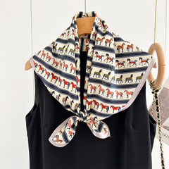 26'' Beige Pony Mulberry Silk Scarf – Cute & Elegant Square Silk Shawl for Women, Playful Animal Design Accessory