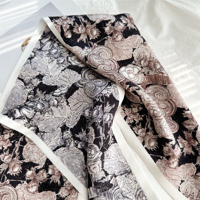 Camellia Double-Sided Mulberry Silk Scarf | Artistic Long Ribbon for Spring & Summer