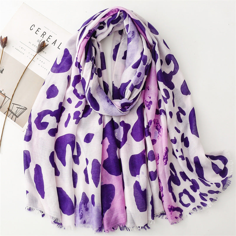 Spring and summer four seasons thin cotton and linen feel scarf European and American cloud leopard print rough edge scarf warm shawl women