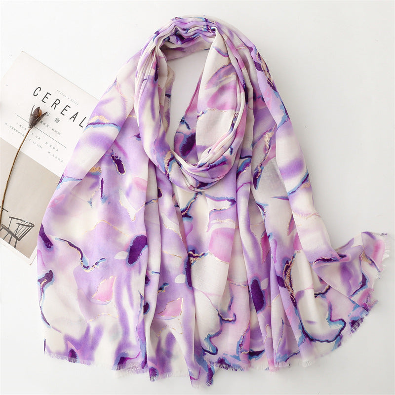 Autumn and winter cotton and linen feel scarf bronzing water flower ink painting rough edge scarf warm shawl
