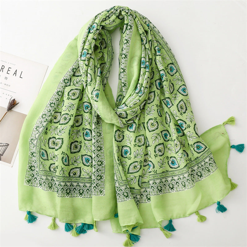 Spring and summer new cotton and linen feel scarf celebrity style shell flower fringed scarf warm shawl