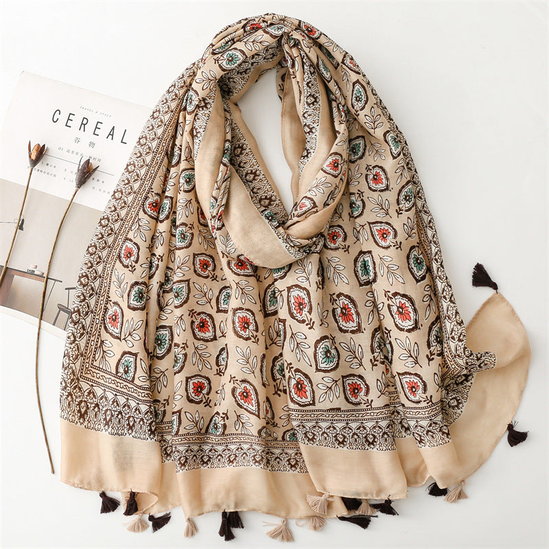 Spring and summer new cotton and linen feel scarf celebrity style shell flower fringed scarf warm shawl