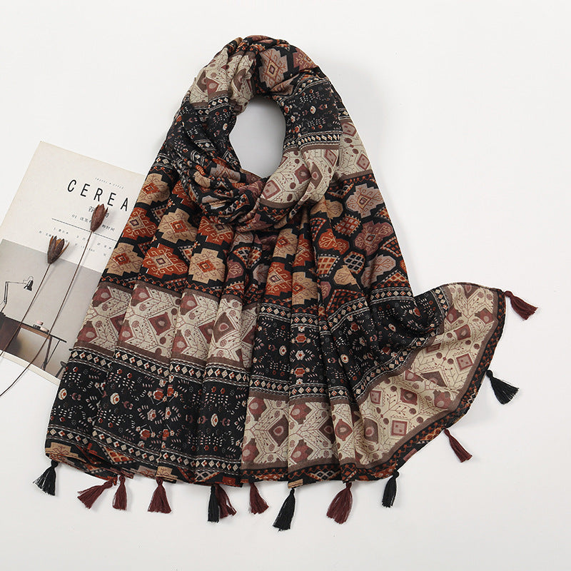 Vintage colorblocked chambray cotton and linen feel scarf celebrity style hibiscus flower fringed scarf warm shawl