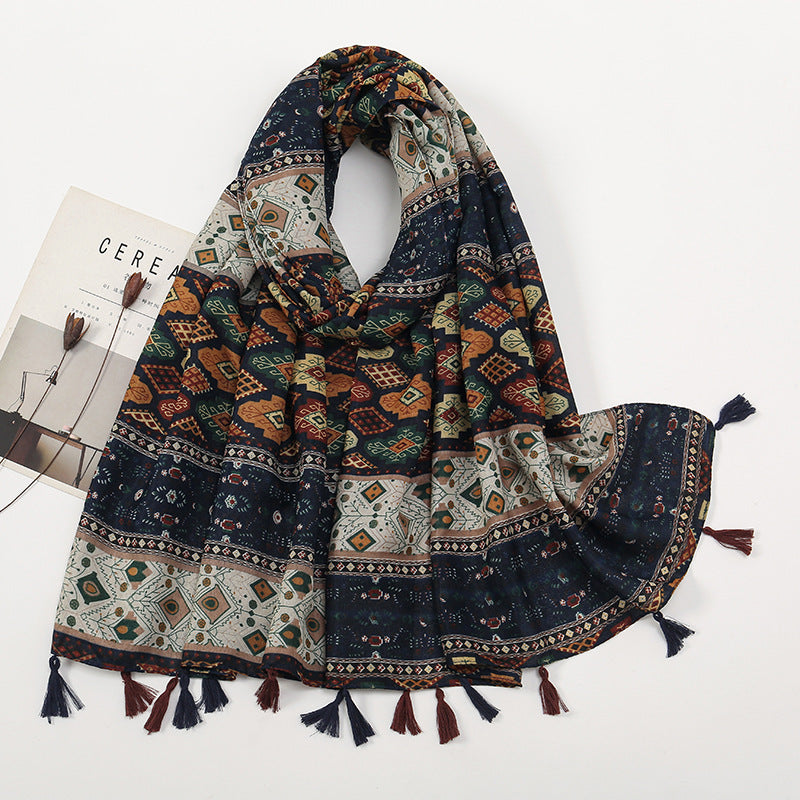 Vintage colorblocked chambray cotton and linen feel scarf celebrity style hibiscus flower fringed scarf warm shawl