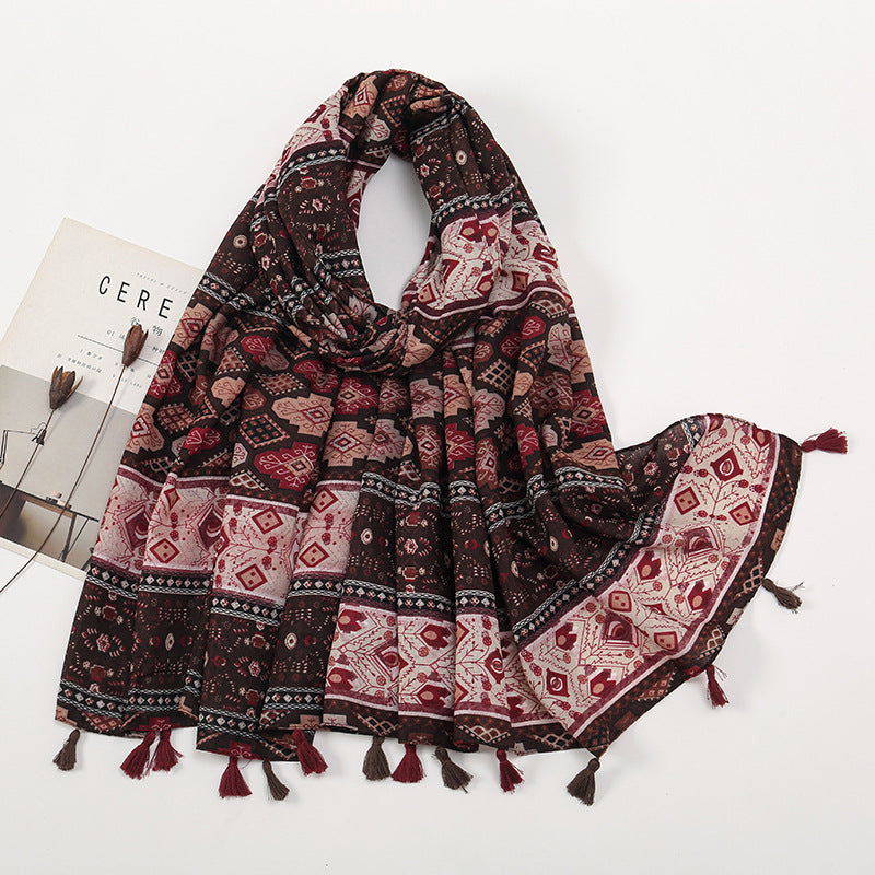 Vintage colorblocked chambray cotton and linen feel scarf celebrity style hibiscus flower fringed scarf warm shawl