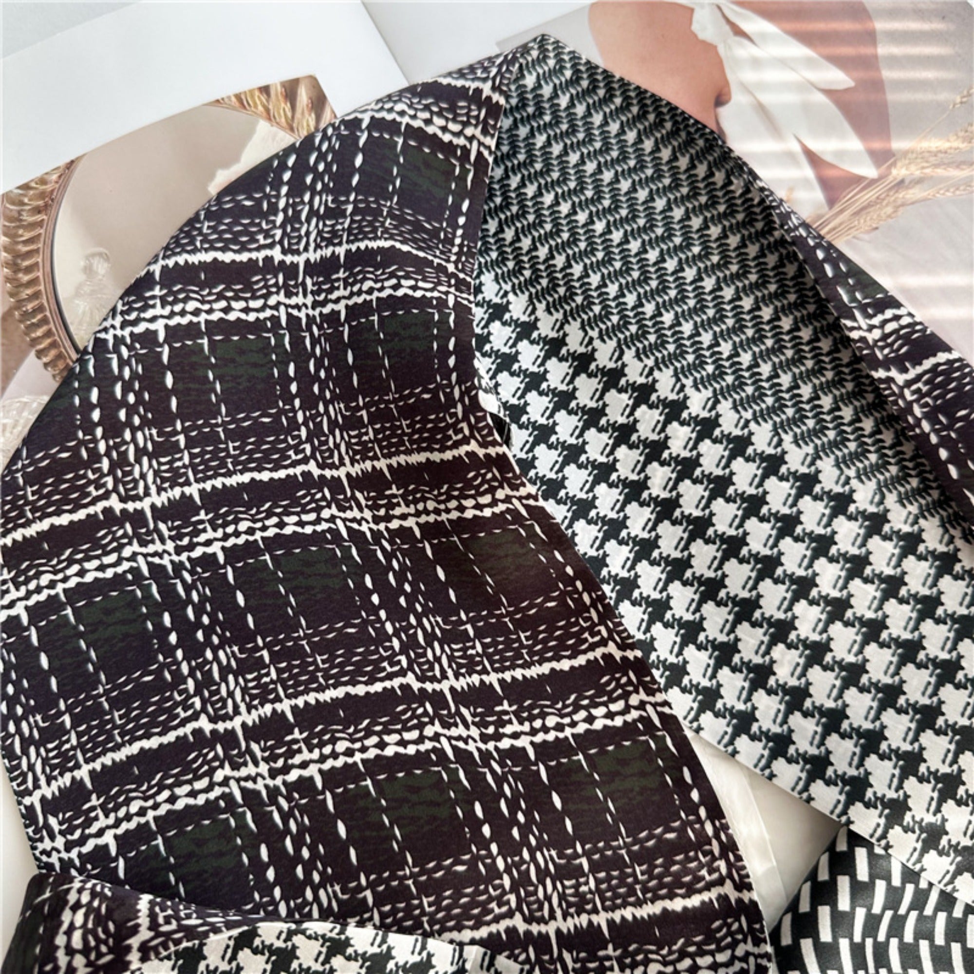 Checkered Camellia Mulberry Silk Scarf | Elegant Floral Grid Long Ribbon