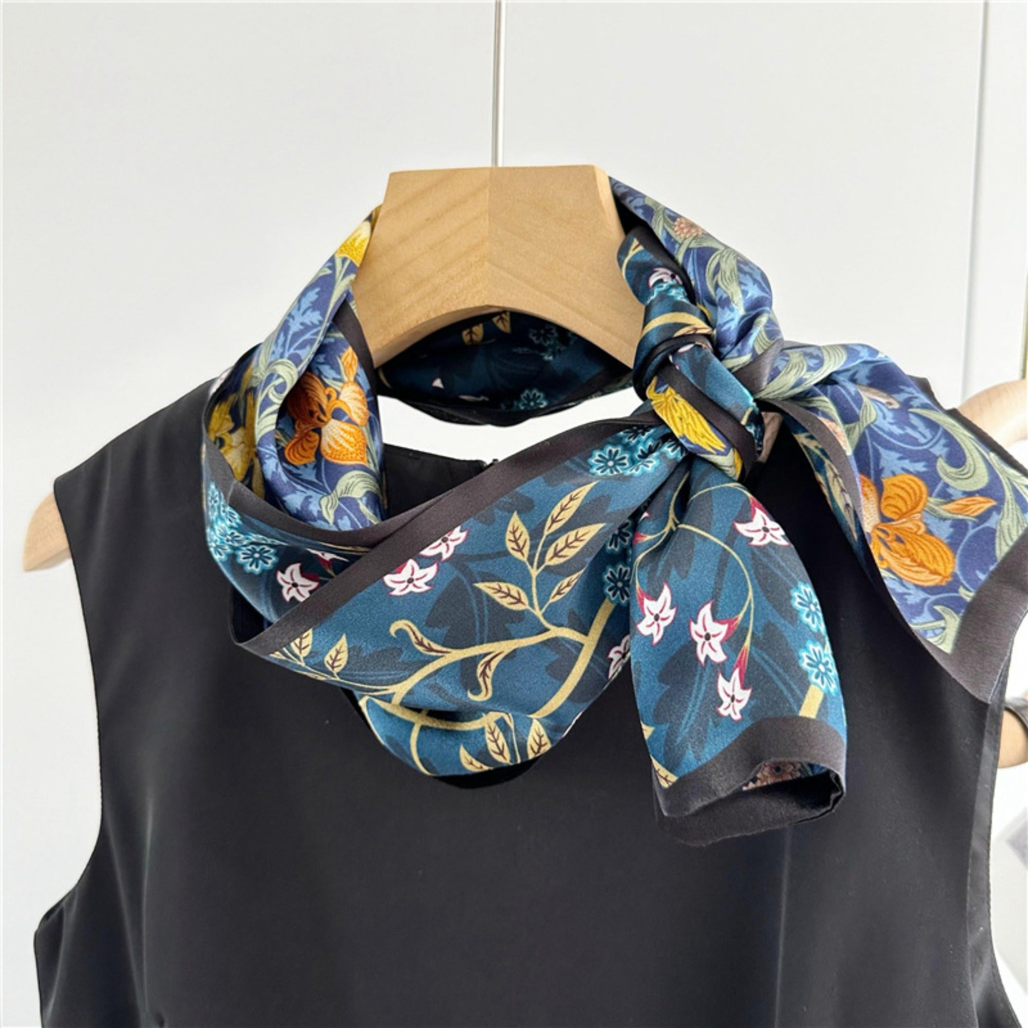 Blue Double-Sided Floral Mulberry Silk Scarf | Soft & Romantic Long Ribbon