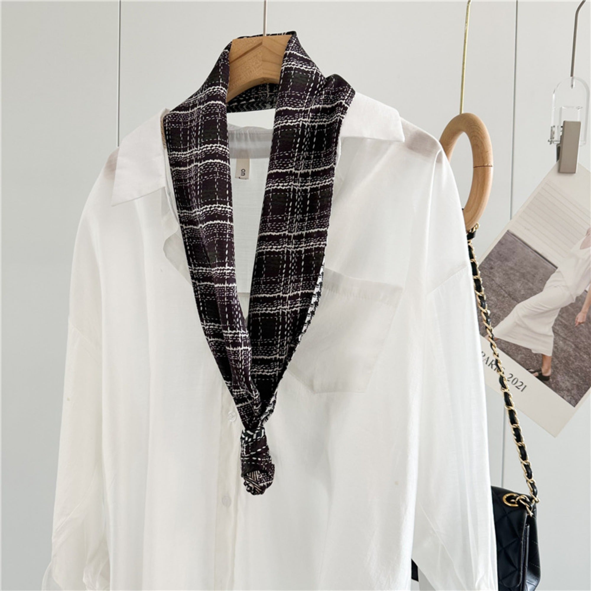 Checkered Camellia Mulberry Silk Scarf | Elegant Floral Grid Long Ribbon